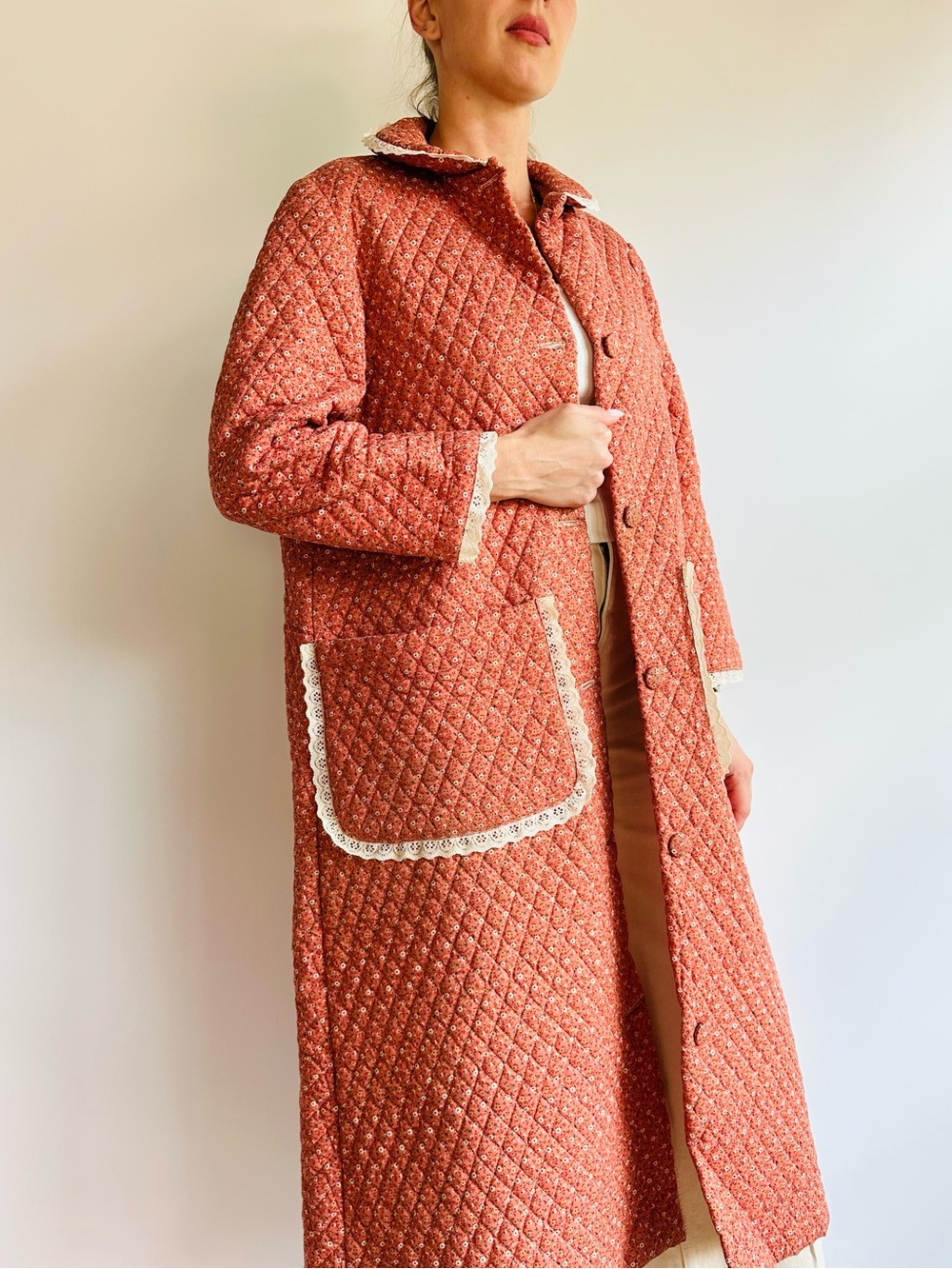 Vintage Quilted Coral-Orange Coat with Lace Trim